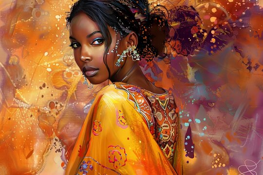 Digital artwork using alcohol ink and airbrushing techniques at 300dpi resolution. The artwork should depict a caramel-skinned elegant black woman wearing a vibrant yellow-orange kurta with intricate 