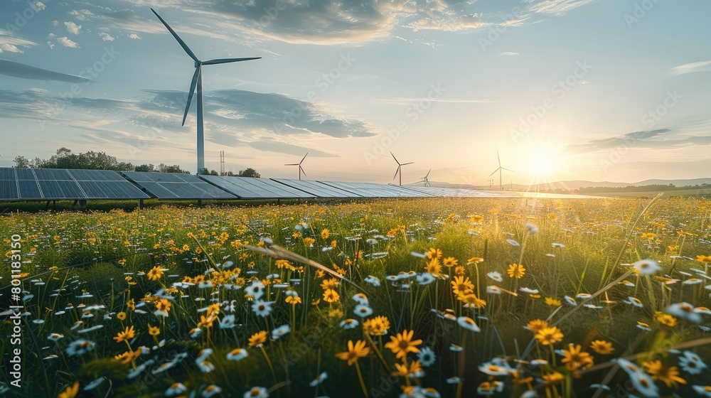 Poster a wind turbines and solar cells on a meadow. generative ai.