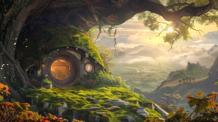 Landscape with hobbit house in the county, fantasy and fiction concept - obrazy, fototapety, plakaty
