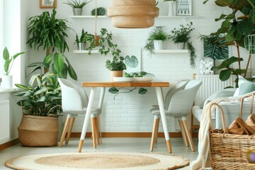 Elegant scandinavian dining room wooden table with soft pastel colored chairs for a stylish touch