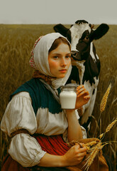 young Girl with a jug of fresh natural milk and a cow on wheat field background. Woman in white scarf milking cow in field. summer season. beautiful woman holding milk bottle with glass on dairy farm