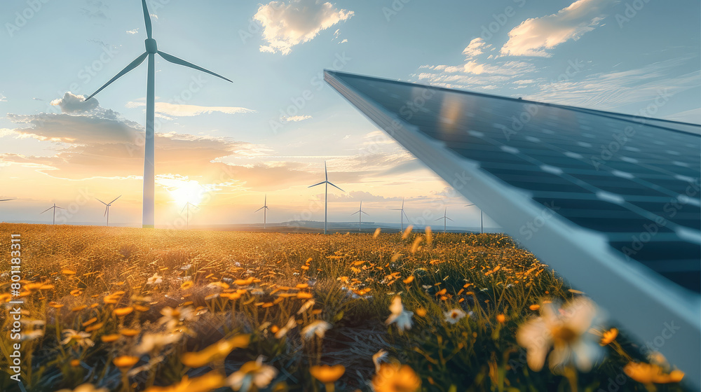 Poster a wind turbines and solar cells on a meadow. generative ai.