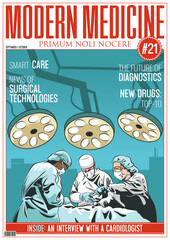 Typical Medicine Magazine's Cover Vector Template. Surgery, Surgeon, Headlines, Titles Frame for Medical Posters, Illustrations