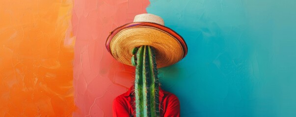 Cactus wearing traditional mexican sombrero hat and shirt. Cinco de Mayo holiday background. Viva Mexico. Traditional latin holiday, party or fiesta funny creative concept. Copy space