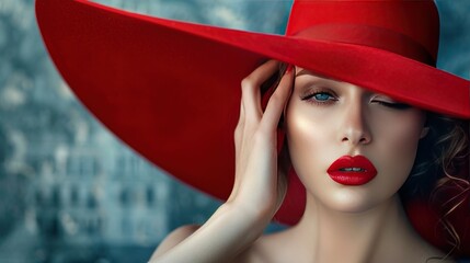Beautiful Woman model with an elegant red round hat is enchanting AI generated image