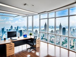 Interior decoration of high-rise offices, with desks and computer screens. Outside the windows, there is the city skyline, a gathering place for technology and financial enterprises, and the city cent