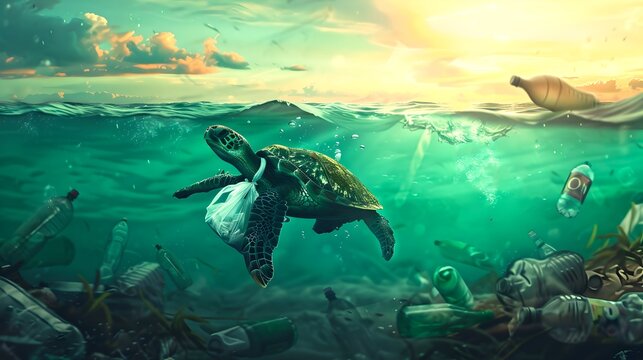 Sea Turtle Swimming Amongst Plastic Pollution in Ocean. Environmental Conservation Concept Art. Clear Message about Marine Life Protection. AI