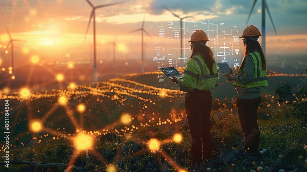 Poster A team of renewable energy engineers working amidst a landscape dotted with wind turbines and solar panels. consulting data on laptop with holographic analytics floating in the air. Generative AI.