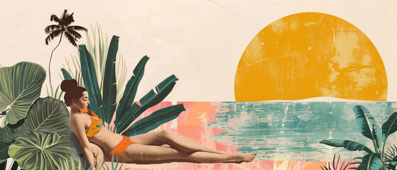 Summer vacation trendy paper collage art - obrazy, fototapety, plakaty