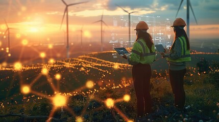 A team of renewable energy engineers working amidst a landscape dotted with wind turbines and solar panels. consulting data on laptop with holographic analytics floating in the air. Generative AI. - Powered by Adobe