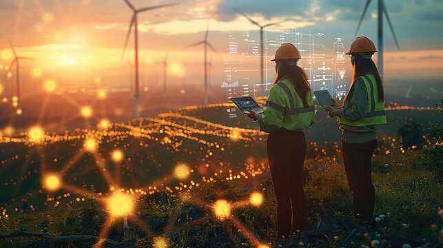 A team of renewable energy engineers working amidst a landscape dotted with wind turbines and solar panels. consulting data on laptop with holographic analytics floating in the air. Generative AI.