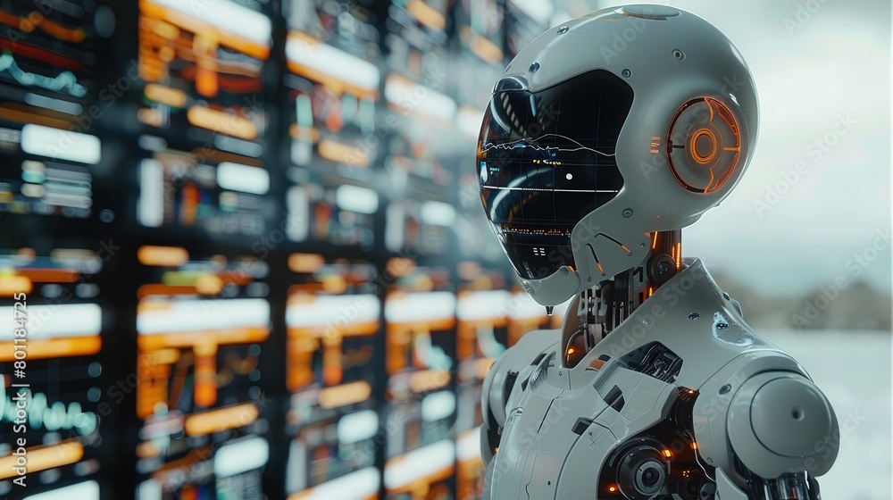 Poster Trading robot standing and analyzing a crypto trading chart, symbolizing the integration and use of artificial intelligence for stock market analysis. Generative AI.
