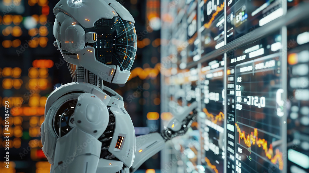 Poster Trading robot standing and analyzing a crypto trading chart, symbolizing the integration and use of artificial intelligence for stock market analysis. Generative AI.