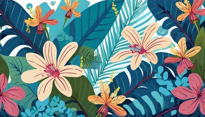  flat tropical flowers and leaves, background for presentation
