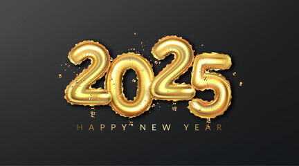 Happy New Year 2025 greeting card. Golden realistic balloon numbers 2025 with shadow.