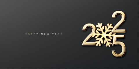 Happy New Year 2025 greeting card. Golden realistic metallic numbers 2025 with snowflake and shadow.