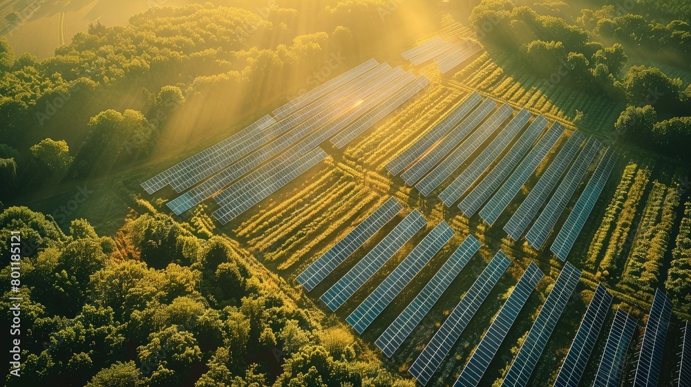 Poster aerial view of a solar farm in the sunlight, under the concept of sustainable energy use. generative