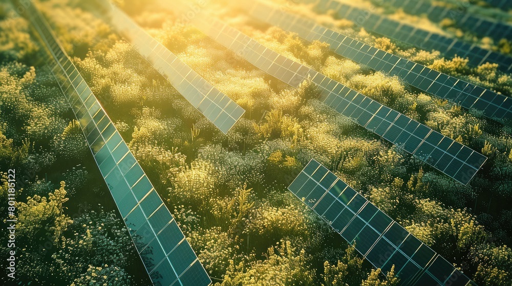 Poster aerial view of a solar farm in the sunlight, under the concept of sustainable energy use. generative