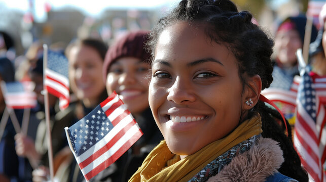 Young woman smiling, holding American flags at outdoor event.
