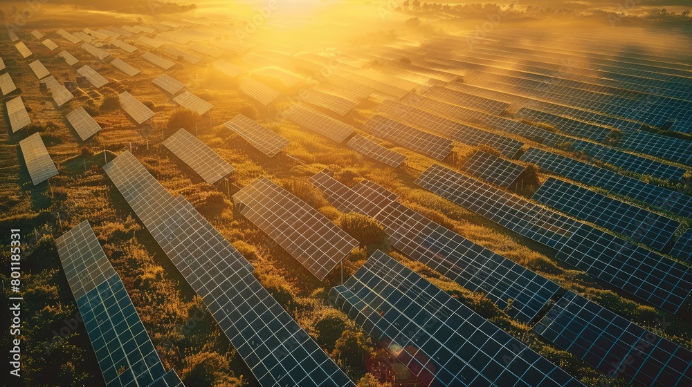 Poster aerial view of a solar farm in the sunlight, under the concept of sustainable energy use. generative
