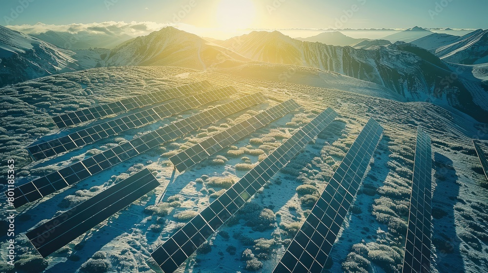 Poster aerial view of a solar farm in the sunlight, under the concept of sustainable energy use. generative