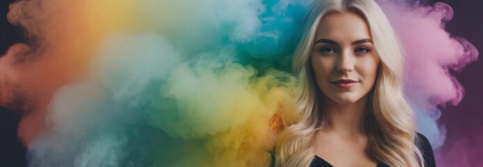 short blonde hair Double exposure woman portrait with vivid rainbow color smoke for positive mindset and creative state of mind and psychology concept. Meditative and men