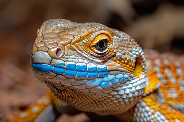 Fototapeta premium Blue-tongued Lizard: Displaying blue tongue while basking in sunlight, showcasing unique feature.