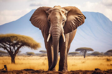 Elephant on Kilimanjaro mountain background. National Park of Kenya, Africa