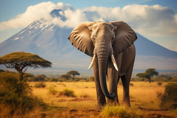 A male elephant in front of Mount Kilimanjaro in Kenya National Park, Africa - obrazy, fototapety, plakaty