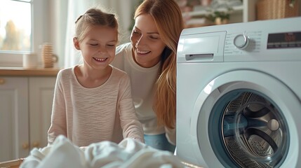 A mother and daughter doing laundry, laughing together in the room with a washing machine. Generative AI.