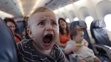 Crazy baby crying in the plane full of people 