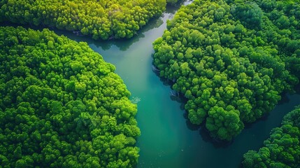 Naklejka premium Aerial view of meandering river through dense green mangrove forest. World Environment Day