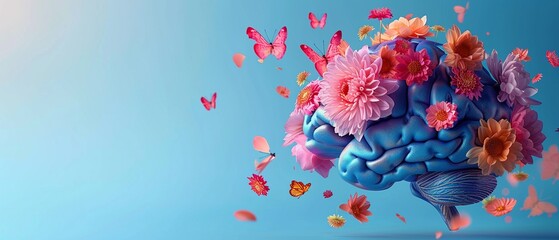 Creative mind concept in vibrant 3D, human brain with flowers and butterflies, symbolizing positivity and mental care