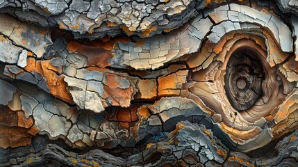 Gnarled ancient tree bark patterns in a palette of earth tones offer an abstract perspective from a...