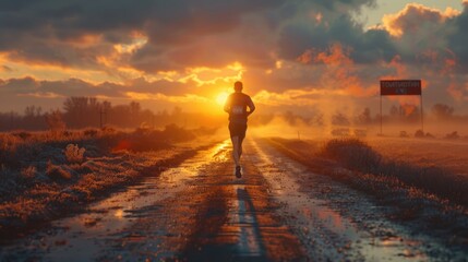 Fototapeta premium Sunset Run: Solitary Jogger On Rural Road Amidst Vivid Twilight Sky. Global Running Day