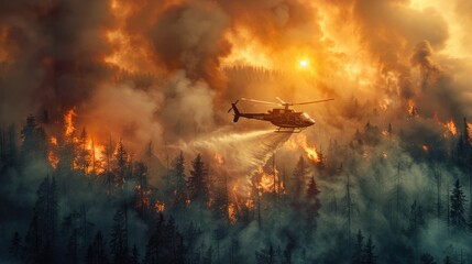 Helicopter Extinguishing Raging Wildfire in Dense Forest