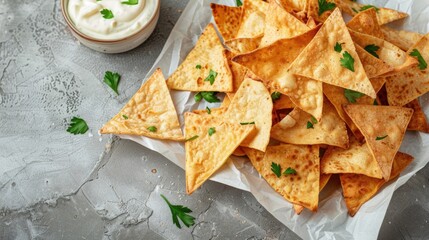 Fried triangular golden samosas on parchment paper with dipping sauces.