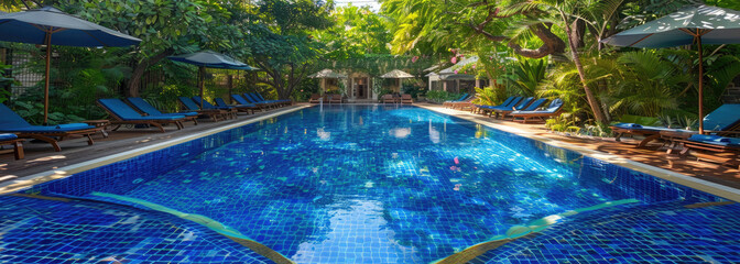 The swimming pool of the luxury hotel is surrounded by lush greenery, creating an inviting and relaxing atmosphere for guests to relax in the sun or splash around on their vacation