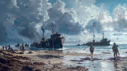 Soldiers landing on a stormy beach with warship in the background. D-Day Anniversary