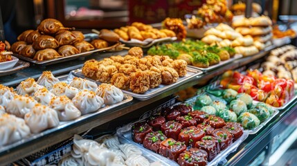 Assorted Asian Street Food Delicacies at a Market Stall
