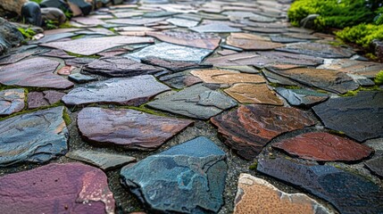 Close-up of a multicolored stone pavement texture.