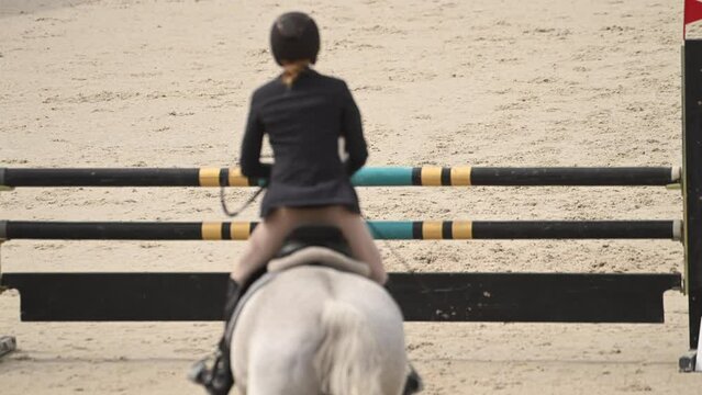 A woman in a black dress competes in a professional equestrian sport horse jumping competition, showcasing skill and control while guiding her horse through obstacles