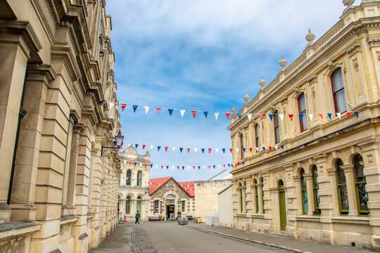 Oamaru New Zealand 23rd Dec 2023: the view of Victorian Oamaru's Historic Precinct. Each of the buildings, built during the Victorian period, has it's own story.