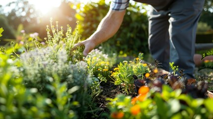 Gardener pulling weeds in a flowerbed under the harsh midday sun concept of gardening difficulties 