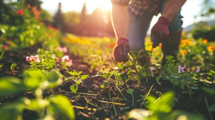 gardener pulling weeds in a flowerbed under the harsh midday sun concept of gardening difficulties 