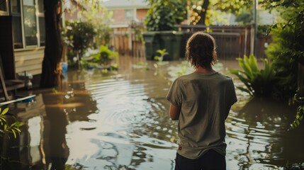 Worried homeowner looking at a flooded backyard after a storm concept of weather-related home problems 