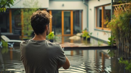 Worried homeowner looking at a flooded backyard after a storm concept of weather-related home problems 