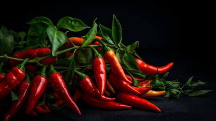 Food photography background - Closeup of ripe red chili peppers branch, on dark black table.