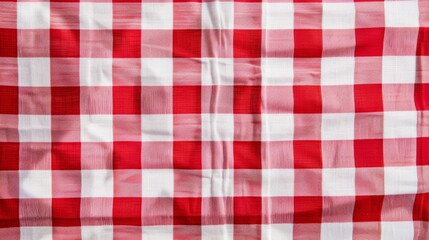 Red and white checkered tablecloth. Top view table cloth texture background. Red gingham pattern fabric. Picnic blanket texture. Red table cloth for Italian food menu. Square pattern