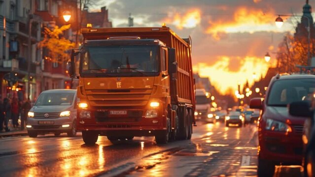 A garbage truck fleet out on the road in city. 